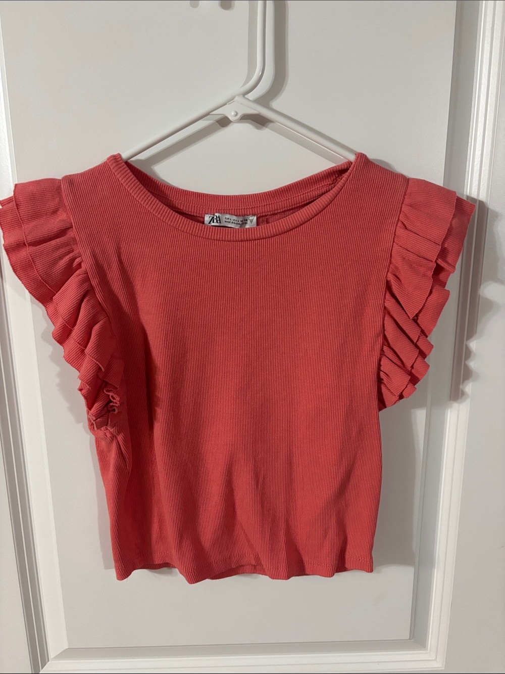 ZARA Coral Pink Ruffle Sleeve Ribbed cropped Tee